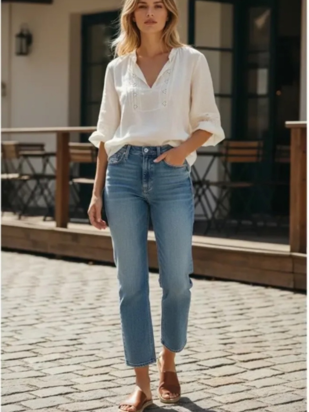 Hudson Noa Mid Rise Straight Crop Jeans Blue Stretch Denim Women's 34